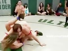 lesbo strumpets fight in messy wrestling movie